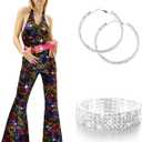 Liitrsh 70s Disco Costumes Outfit Including 70s Jumpsuit with Belt Rhinestone Bracelet Diamond Hoop Earrings for Women, M