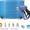 RIDGE WASHER Sewer Jetter Kit for Pressure Washer 100FT, 3600 PSI Drain Cleaning Hose with Short Pressure Washer Gun, 1/4 Inch NPT Corner, Rotating and Button Nose Sewer Jetting Nozzle