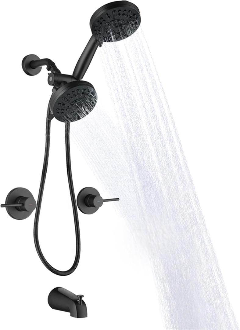 SUBEIXI 2 Handle Shower Faucet Set with Tub Spout Matte Black Two Handle Shower Faucet Set Complete Tub and Shower Trim Kit, Wall Mount