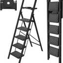 HBTower 5 Step Ladder, Folding Step Stool, Portable Sturdy Steel for Adults with Wide Pedals Home Outdoor Kitchen, Black