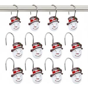 ibasenice 12 Pcs Christmas Shower Curtain Hooks, Cute Snowman Rust Proof Shower Curtain Rings, Resin Stainless Steel Xmas Decorative Hangers for Winter Holiday Bathroom Farmhouse Home Decor