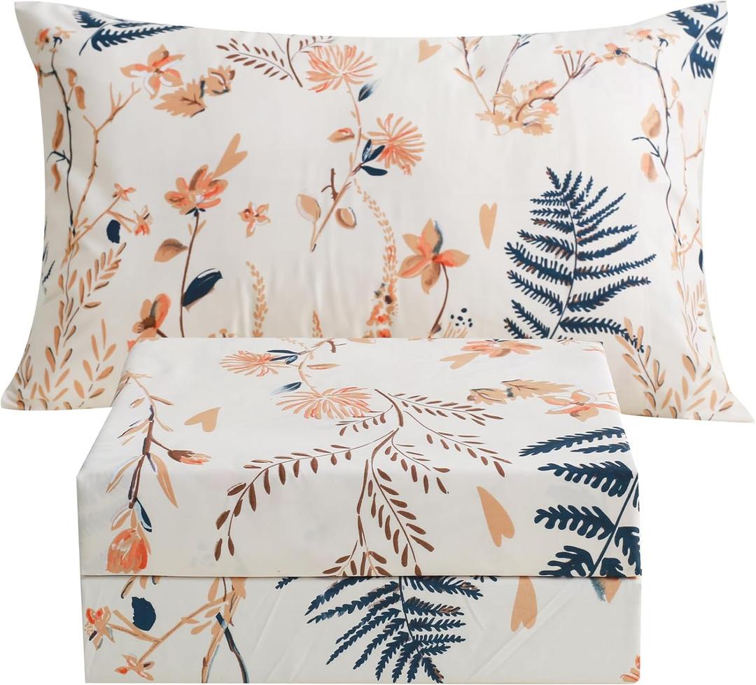 JSD Boho Floral Printed Sheet Set Twin Size 3 Piece, Soft Botanical Pattern Microfiber Sheets Extra Deep Pocket (Leaf 1)
