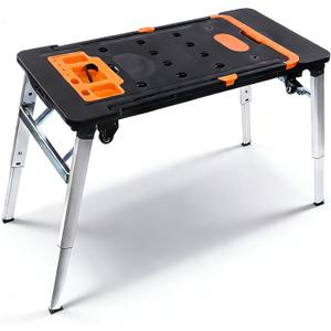 7 in 1 Work Benches Multifunctional Folding Work Table for Garage, Portable Workbench, Sawhorse, Scaffold, Platform, Mobile Workbench, Dolly and Hand Truck with 4 Wheels