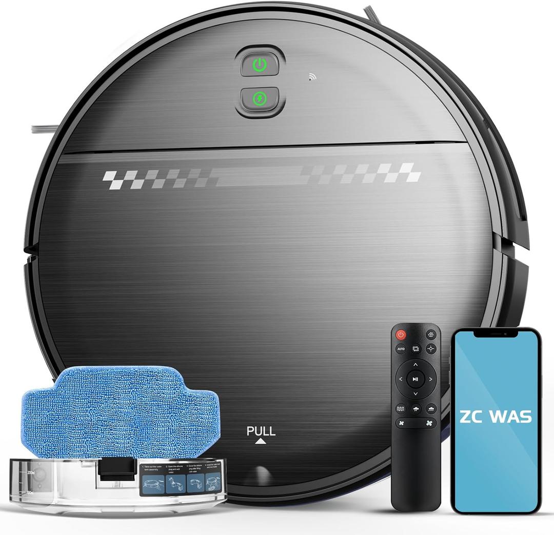 ZC WAS Robot Vacuum and Mop Combo, 2-in-1 Robot Vacuum Cleaner, Perfect for Pet Hair, Hard Floor and Carpet, Anti-Bump, Anti-Fall, App, Voice and Remote Control