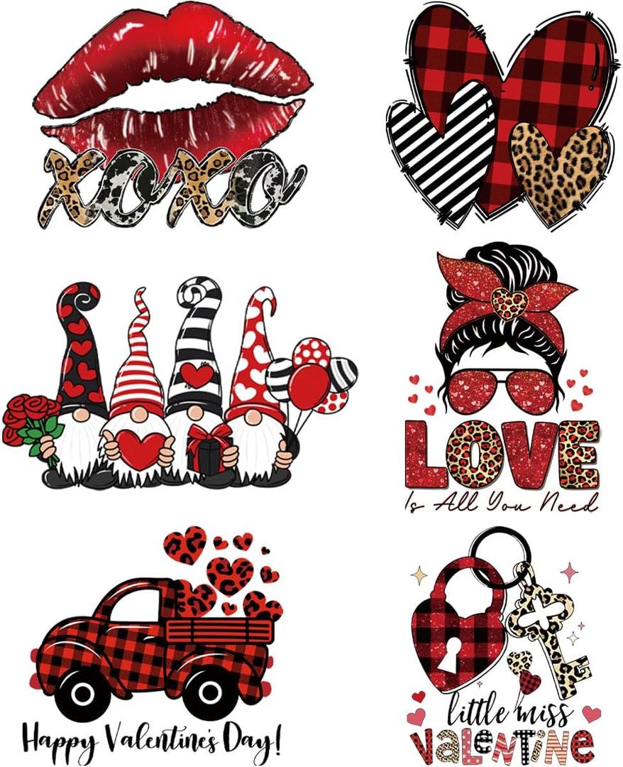 6 Sheets Valentines Iron On Transfers for T-Shirts Valentine Iron On Transfers Love Appliques Valentines DTF Transfers Ready to Press for Clothing Pillow Backpack Apron DIY Decorations