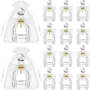 Holy Water Bottles Catholic Bulk Glass Baptism Favors for Guests Christian Water Container with Cross Organza Bags Bow for Holy Communion Gifts Church Wedding Baptism(White,12 Set)