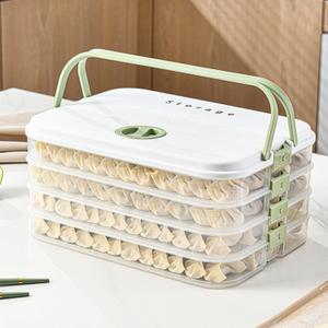 Dumplings Storage with 4 Layers, Stackable with Buckle, Lid & Handle for Cookies Wonton Donuts Box Organizer For Fridge, White-Green