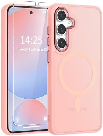 WRJ for Samsung Galaxy S25 Plus Case,Galaxy S24 Plus Case with Screen Protector,[Compatible with Magsafe] Slim Matte Translucent Magnetic Women Men Shockproof Protective Cover-Pink
