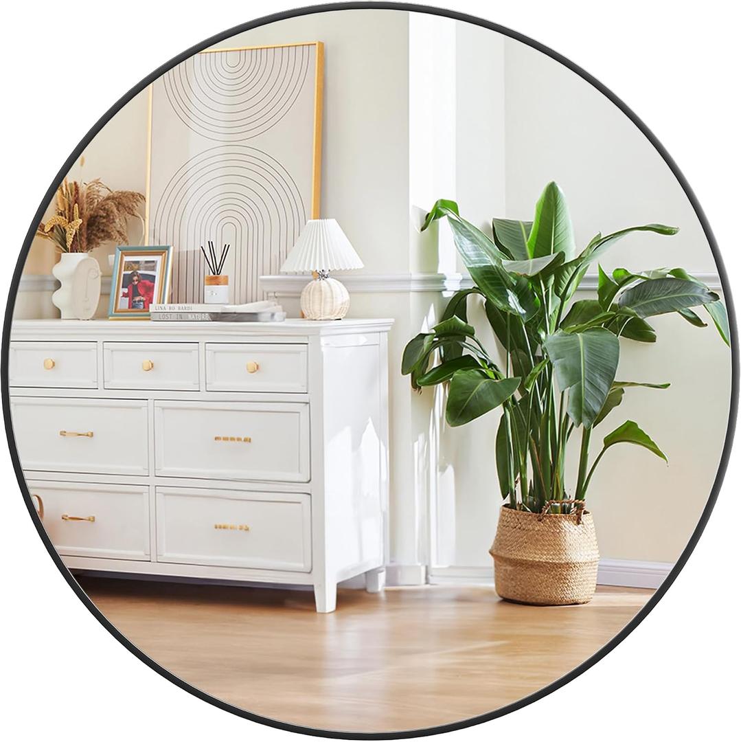 Round Mirror, 32 inch Circle Mirror, HD Eco-Friendly Round Bathroom Mirror for Over Sink, Big Matte Black Metal Framed Wall Mirror for Wall, Vanity, Entryway, Hallway, Living Room, Easy to Install