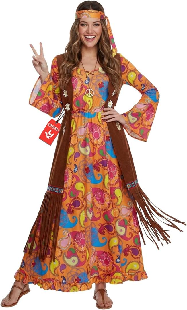 Morph Hippie Costume Women, 70s Outifts for Women, 60s Long Dress, 70s Disco Outfits for Womens (X-Large)