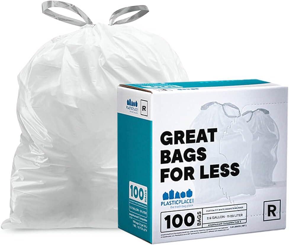 Plasticplace Custom Fit Trash Bags, Compatible with Simplehuman Code R (100 Count) White Drawstring Garbage Liners 2.6 Gallon/ 10 Liter 16.5" x 18"