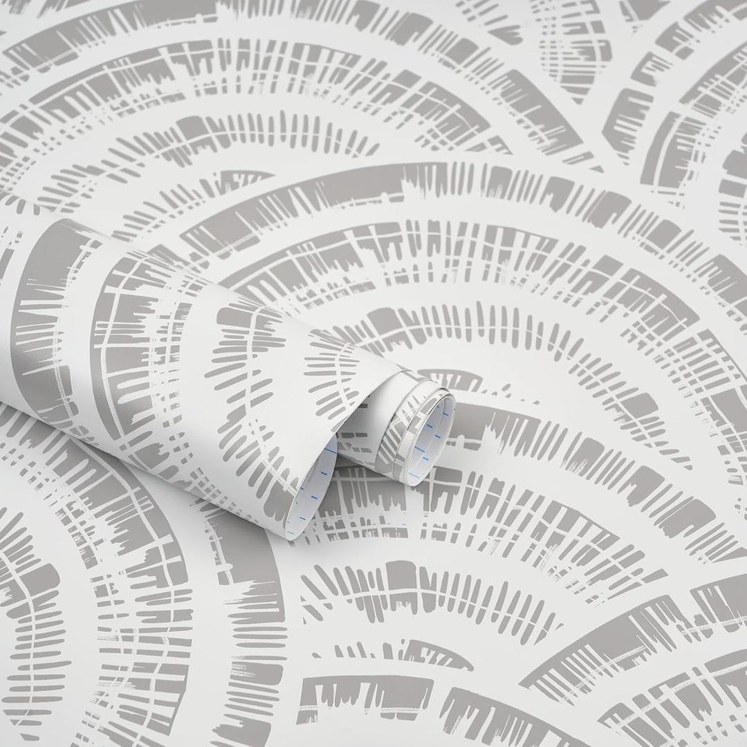 6 x Kitico Peel and Stick Wallpaper White and Grey Contact Paper - Geometric Semi-Circular Removable Self Adhesive for Bedroom Wall Furniture 17.3"x78.7"