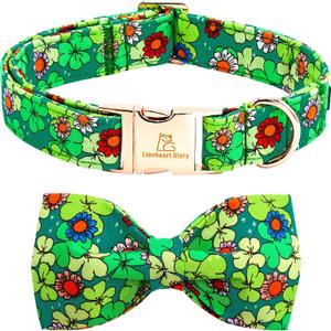 Lionheart glory St.Patrick's Day Dog Collar-Lucky Clover Shamrock Dog Bow Collar for Medium Dogs Spring Green Trefoil Collars with Bowtie Adjustable Heavy-Duty Puppy Collars Pet Gift Girl Boy