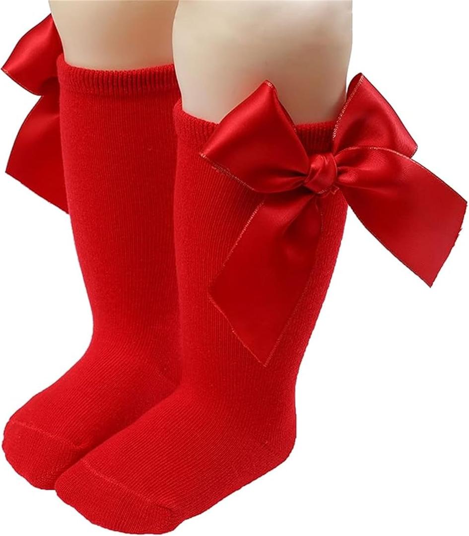 Baby Girls Socks Autumn Toddler Big Bow Knee High Long Soft Kids Christmas Sock Spanish Style Floor Socks(WZ2) (Red)