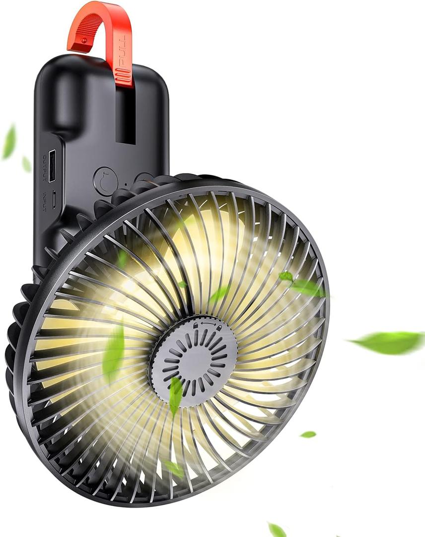 SMARTDEVIL Camping Fan with LED Lights Rechargeable Battery Powered 180 Tilt Folding 3-Speed Adjustable Hanging Hook Portable Cooling Fan for Camping Tent RV Picnic Home Office Outdoor Black