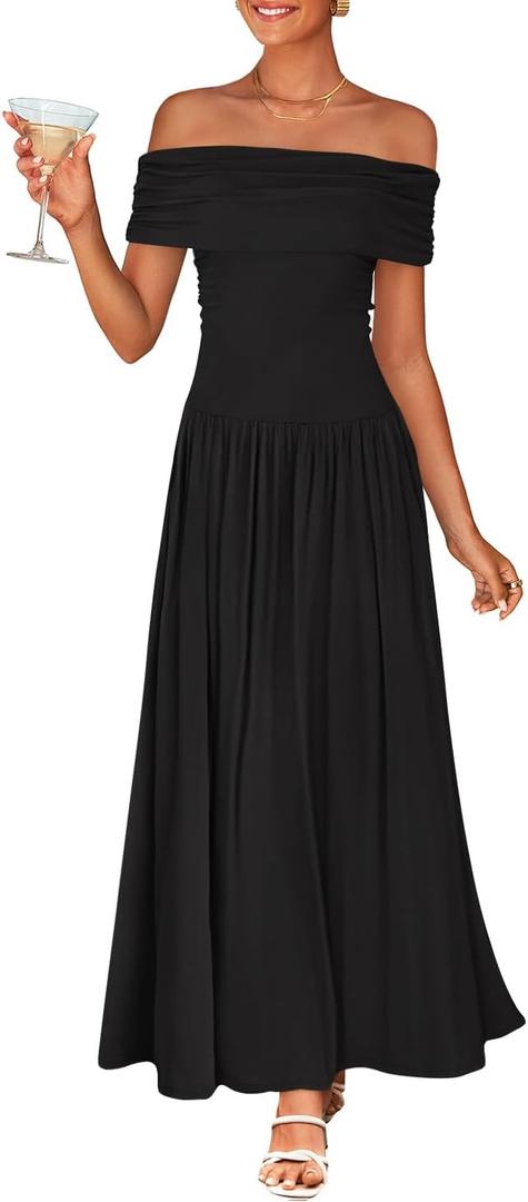 ZESICA Women's Off The Shoulder Maxi Dress 2026 Summer Sleeveless Casual Slim Swing Pleated Formal Party Dresses Black, Large