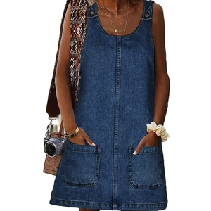 BZB Women's Sleeveless Casual Denim Dress Crewneck Vintage Loose Jean Overall Dress with Pockets, M