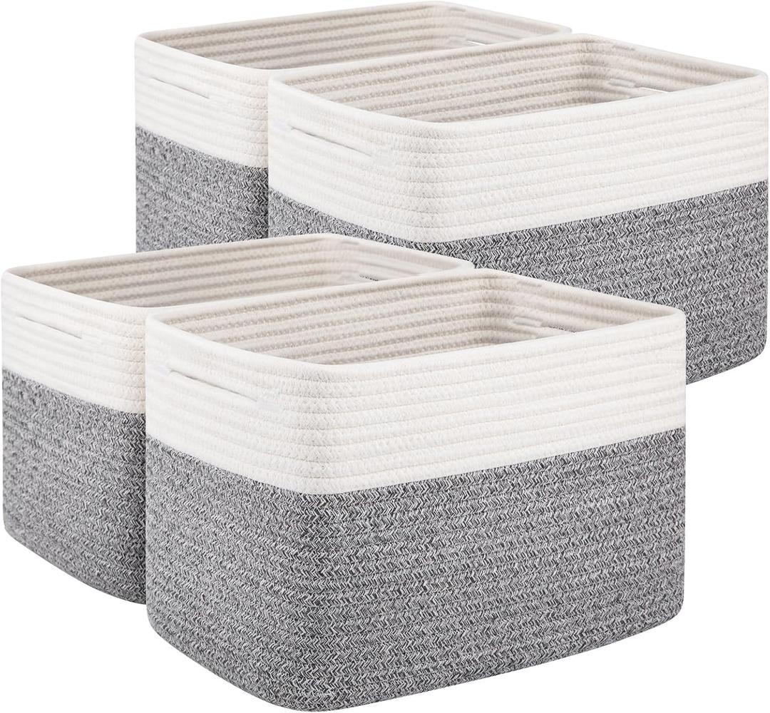 OIAHOMY 4 Pack Storage Baskets for Organizing, Basket for Shelves with Handle, Woven Baskets for Storage Toys, Towels, Books, Cotton Rope Basket 13" L x 9 " W x 7.8 " H, Grey & White