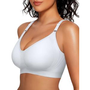 OEAK Womens Seamless Bras Comfortable Bra No Underwire Full Support Bralette Push Up Plus Size V Neck Sleeping Tshirt Bras (X-Large, White)