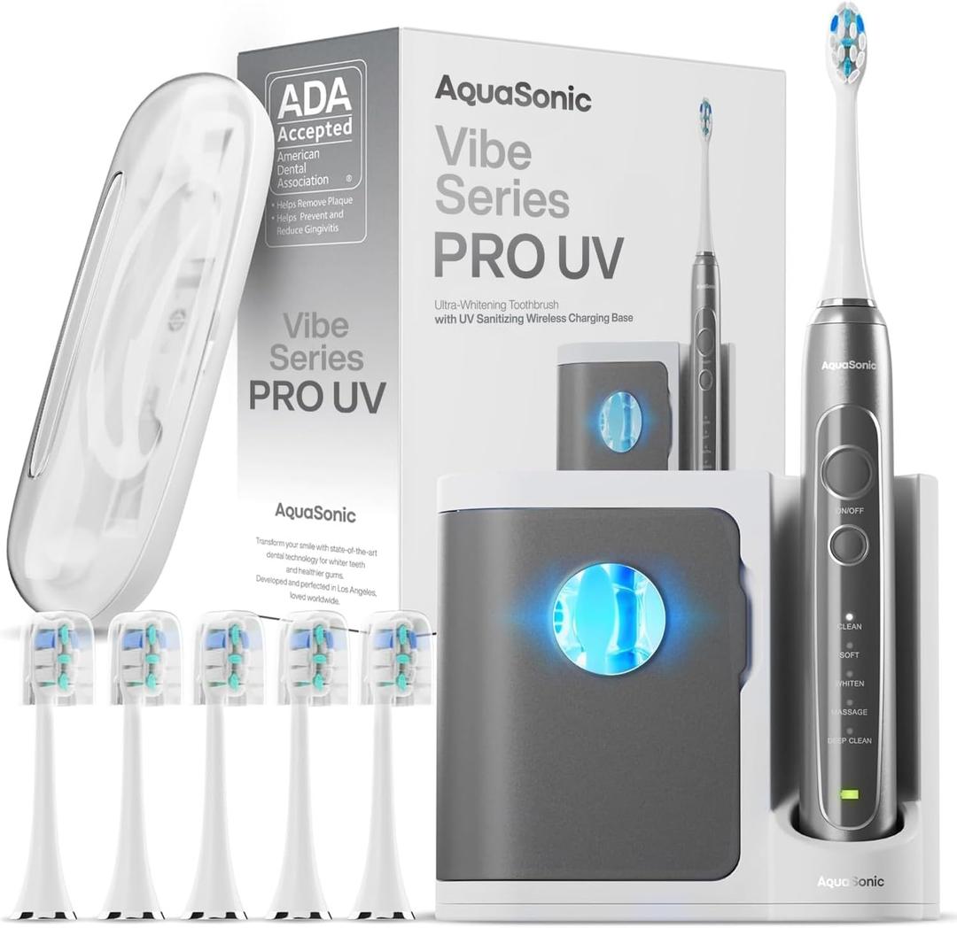 Aquasonic Vibe Series PRO  Ultra-Whitening Electric Toothbrush  5 Modes & Smart Timers  UV Sanitizing Base  ADA Accepted (Charcoal Metallic)
