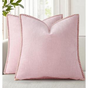 decorUhome Summer Chenille Soft Cozy Throw Pillow Covers 16x16 Set of 2, Modern Farmhouse Boho Velvet Decorative Pillow Cases with Stitched Edge for Couch Sofa Bed Home Decor, Blush Pink