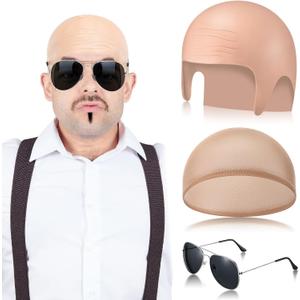 Mepase Bald Caps with Glasses Nylon Makeup Latex Bald Head Wig Cap for Men Women Adults Cosplay Party Costume Accessories (Beige)