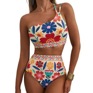 Herseas Women's High Waisted Bikini Sets One Shoulder Floral Print Swimsuits 2 piece Tummy Control Bathing Suits, XL