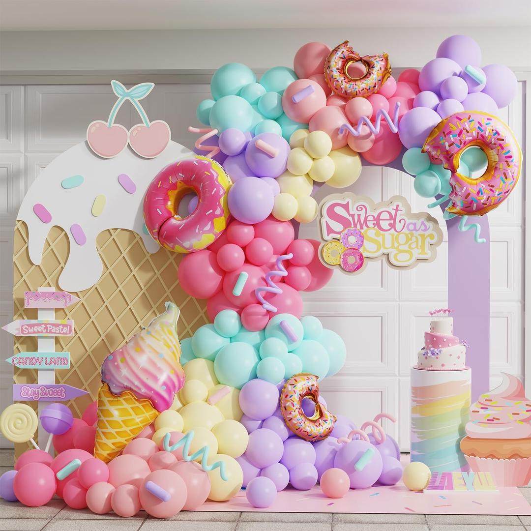 Pastel Donut Balloon Arch Garland Kit,159Pcs Macaron Color Rainbow Balloons Ice Cream Foil Balloons for Girls Donut Grow Up Sweet One Candyland 67 Birthday Party Baby Shower Two Sweet Decorations