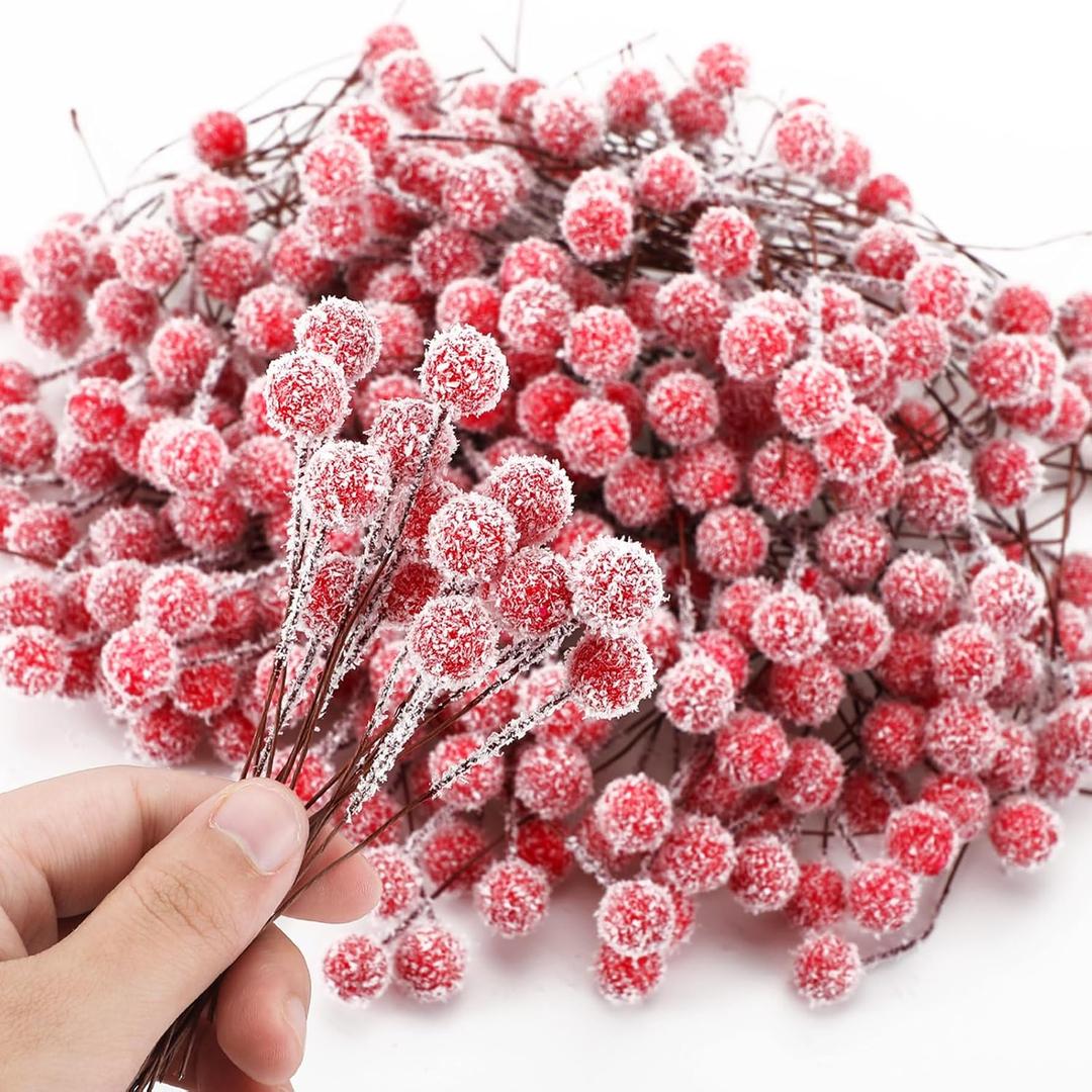 Suncalla 300 Pcs Snowy Artificial Holly Berry Stems Christmas Berry Picks Bulk Mini Fake Red Picks Flocked Ornaments for Christmas Tree Branches Fillers Wreath Home Xmas Winter Holiday Decorations