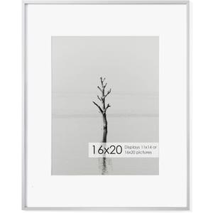 16x20 Metal Picture Frame with 11x14 Mat, Brushed Aluminum Finish, Tempered Glass Front, and Attached Hanging Hardware - Versatile Wall Display Frames for Vertical or Horizontal Orientation, Silver