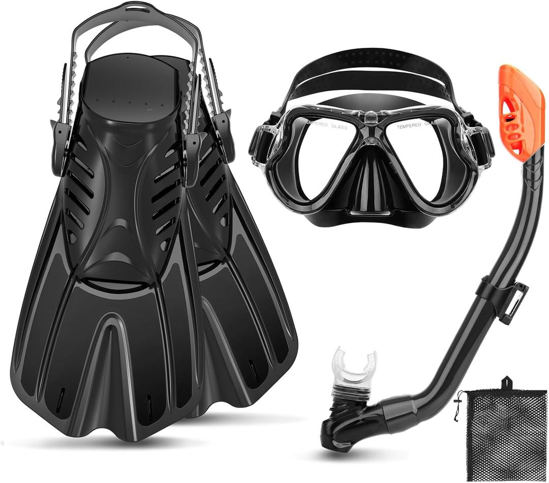 Snorkeling Gear for Kids, 4 in 1 Child Mask Fins Snorkel Set with Panoramic View Anti Fog Mask, Dry Top Snorkel, Trek Fins and Travel Bag, Kids Snorkeling Set with Fins for Snorkeling Swimming