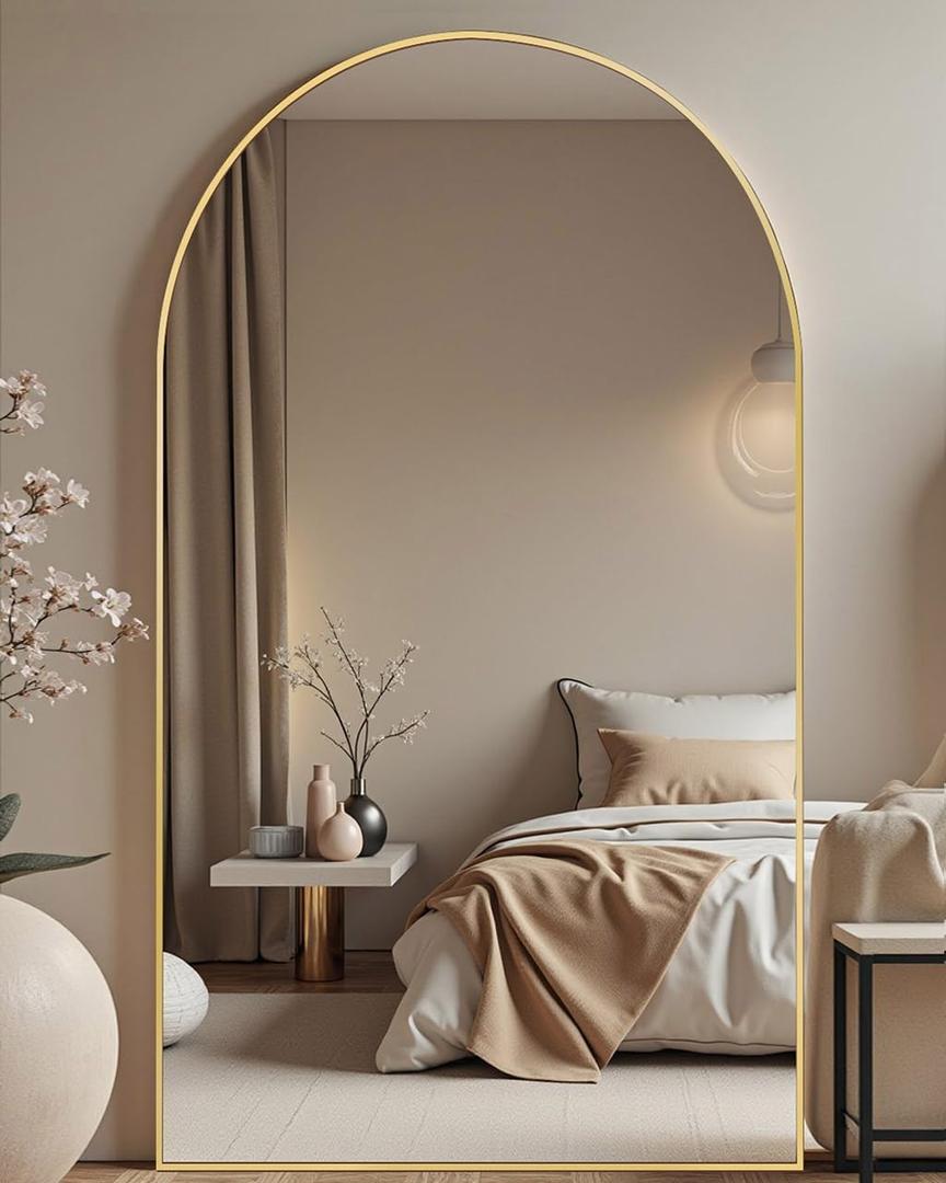DMWOODFL Large Arched Full Length Mirror with Stand 76x34, Freestanding Floor Mirror or Wall Mounted, Tall Body Mirror with Aluminum Frame for Bedroom, Living Room, Gold