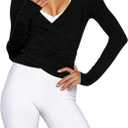 Women Wrap Top Thumb Hole Long Sleeve Self Tie Workout Shirt Pilates Ballet Yoga Tops (Small, Black)