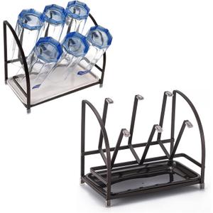 RHBLME 2 Packs Glass Drying Rack, Vertical Bottle Drying Rack Glass Bottle Holder with Drain Tray, Silicone Protective Hooks, Carbon Steel Non Slip Cup Mug Organizer for Glass Coffee Mug Countertop