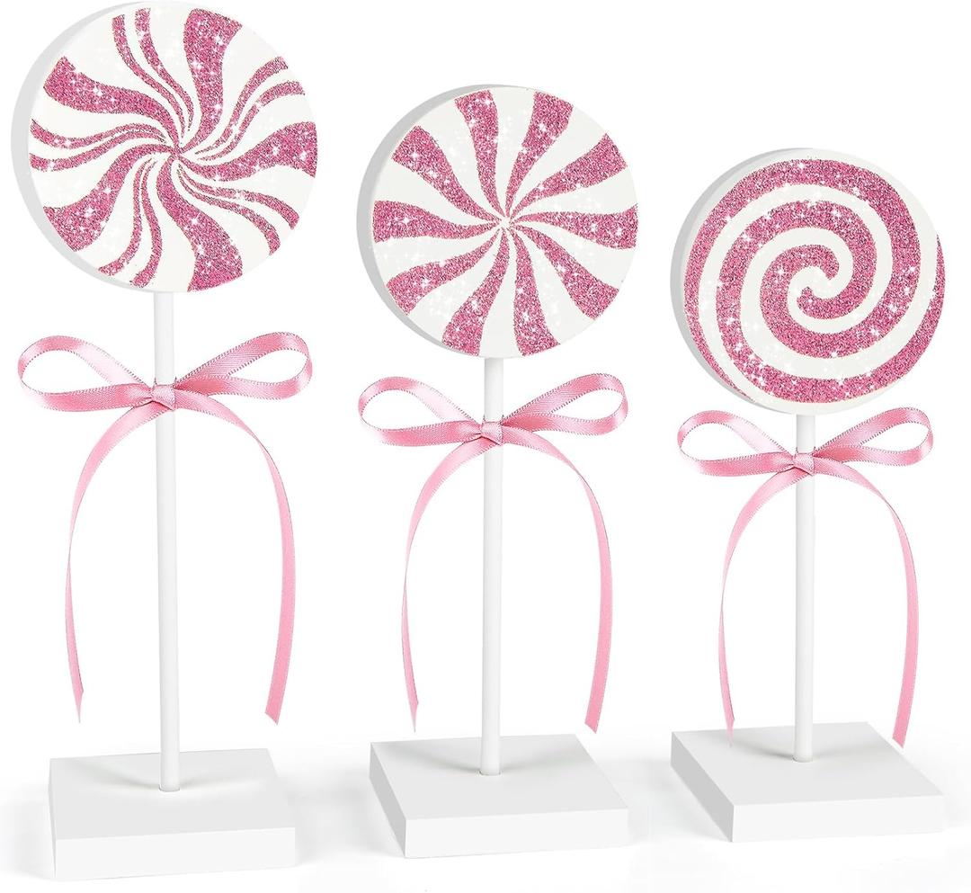 3 Pieces Christmas Table Decorations Wood Candy Set, Pink Christmas Tiered Tray Decor, Rustic Candy Table Decorations for Home Tables (Pink)