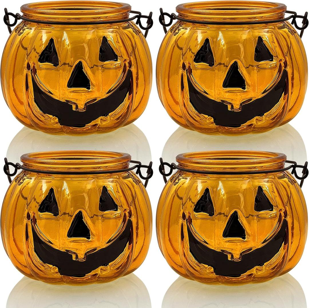 Halloween Candle Holders Set of 4, SHMILMH Tealight Votive Candle Holders with Grimace, Metal Hanging Pumpkin Lantern Decorative Halloween Table Centerpiece Orange