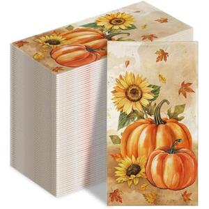 100 Pcs Fall Napkins, Fall Disposable Paper Decorative Guest Napkins, Thanksgiving Harvest Pumpkin & Sunflower Hand Towel for Party Lunch Dinner Kitchen Bathroom Decor