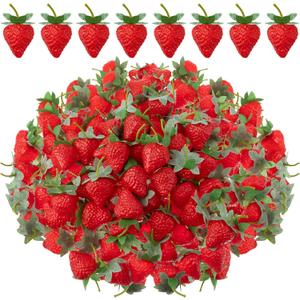 Lyrow 100 Pieces Artificial Strawberries 2.2inch/2.76inch/3.35inch Faux Realistic Strawberry Decor Plastic Simulation Fake Lifelike Fruit for Photography Prop Cabinet Party(Cute)