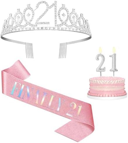 21st Birthday Decorations for Her with Pink 21st Birthday Sash and 21 Crown Silver, Candles Silver, Gifts for 21 Year Old Girls