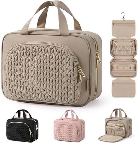 BAGSMART Travel Toiletry Bag with Jewelry Organizer, Hanging Travel Bag for Toiletries, Makeup Cosmetic Bag Organizer, Carry-on Travel Accessories Essentials, Camel-M