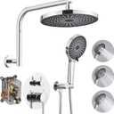 BWE Chrome Shower System Wall Mounted Shower Faucet Set with 10 inch Rain Shower Head and 3-Setting Shower Handheld Spray Bathroom Shower Fixtures with Shower Valve and Trim Kit