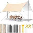Heavy Duty Waterproof Camping Tarp 1511FT UV Blocking Sun Shade Canopy with Poles & Ropes, Reinforced Tear-Resistant Corners, Windproof Outdoor Shelter for Camping, Picnic(Khaki Reflective,15x11FT)