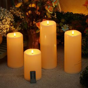 Rossesay 8" 10" 12" 14" X 4" Large Waterproof Outdoor Flameless Candle, 4 Pcs LED Pillar Candle with Remote and Timer Battery Operated Jumbo Flickering for Halloween Xmas Church(Ivory White, Elegant)
