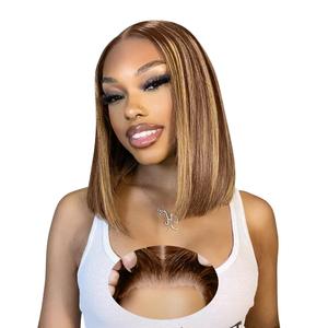 EAGERA Blonde Highlight Glueless Bob Human Hair Wigs 9x6 HD Closure Lace Ombre Human Hair Wigs Pre Plucked Pre Cut 18Inch 4/ 27 Bob Glueless Wig Brown and Blonde Wear and Go Wig 220% Density