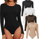 BALENNZ Long Sleeve Bodysuits Pack Brown Long Sleeve Bodysuit Round Neck Black Bodysuit Pack Fall White Body Suit Womens Bodysuit Tops 4B, Large