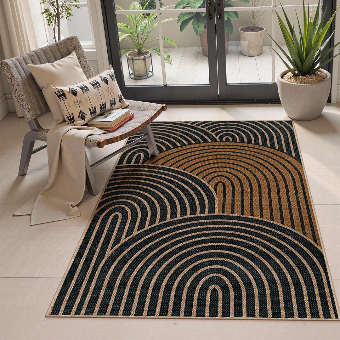 Lahome Modern Rainbow Easy Jute 3x5 Rug, Washable Indoor Outdoor Carpet for Entryway Farmhouse Patio Rug, Non Slip Indoor Door Mat Contemporary Throw Carpet for Porch Guestroom Room Decor (Black/Multi-rainbow-2)