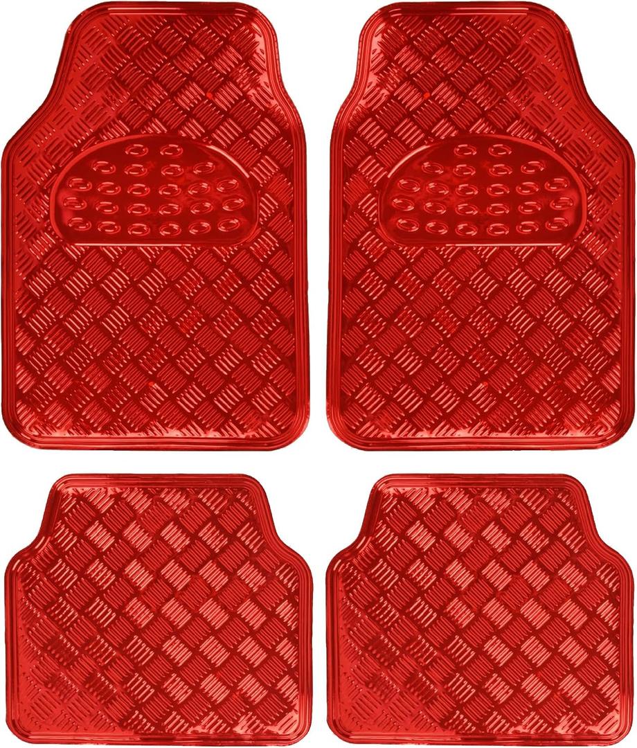 BDK Metallic Chrome Car Floor Mats All-Weather Universal Fit Automotive Floor Mats for Cars SUVs, Floor Mats for Trucks, Car Mats Full Set Front & Rear, Non-Slip Backing - Red