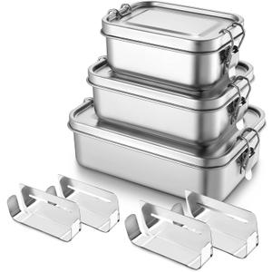TeamFar Stainless Steel Bento Box, 3 Pack (16, 28 & 47oz) Metal Lunch Box with 3 Compartments for Adults Kids, Lunch Food Containers for School/Work/Meal Prep, Leak-Proof, 550ML+850ml+1400ML