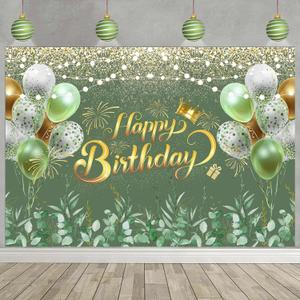 Greenery Sage Green Happy Birthday Banner Backdrop Decorations Eucalyptus Leaves Women Birthday Banner Green Glitter Ballon Background Party Decoration Cake Table Banner Supplies 72x44 inch