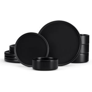 E-far Stoneware Dinnerware Sets, 12-Piece Plates and Bowls Dish Set for 4, Kitchen Modern Dining Ware, Chip and Scratch Resistant, Microwave & Dishwasher Safe, Matte Black